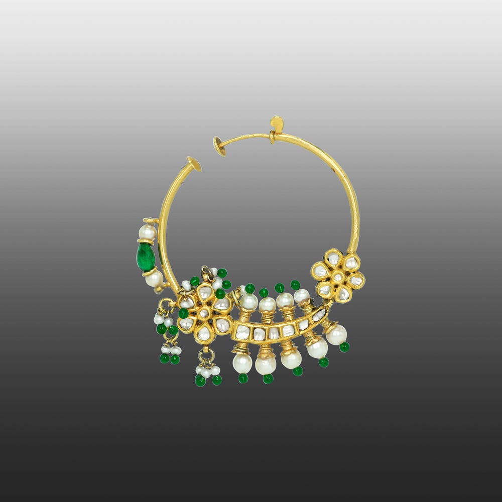 Polki Hoop Nath with Pearls, Emerald Beads, and Foral Motifs